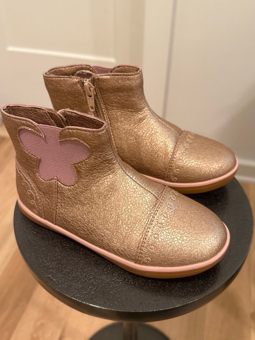Livie and Luca Kids Metallic Rose Gold Ankle Boots with Pink Butterfly Accent